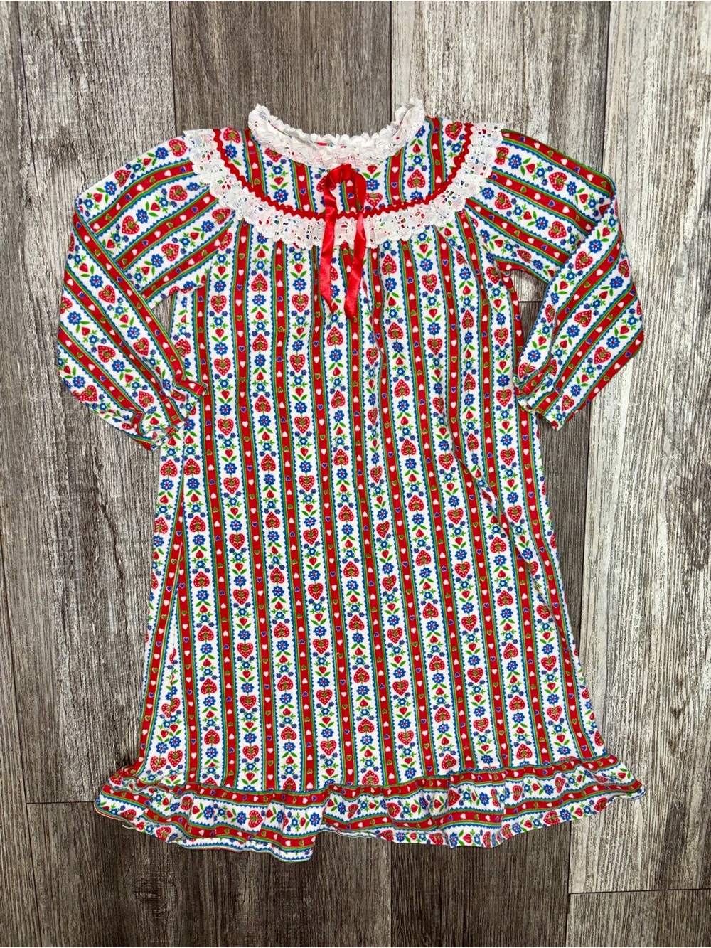 Girls' Red Floral Stripe Nightgown with Lace Trim 3/4 years